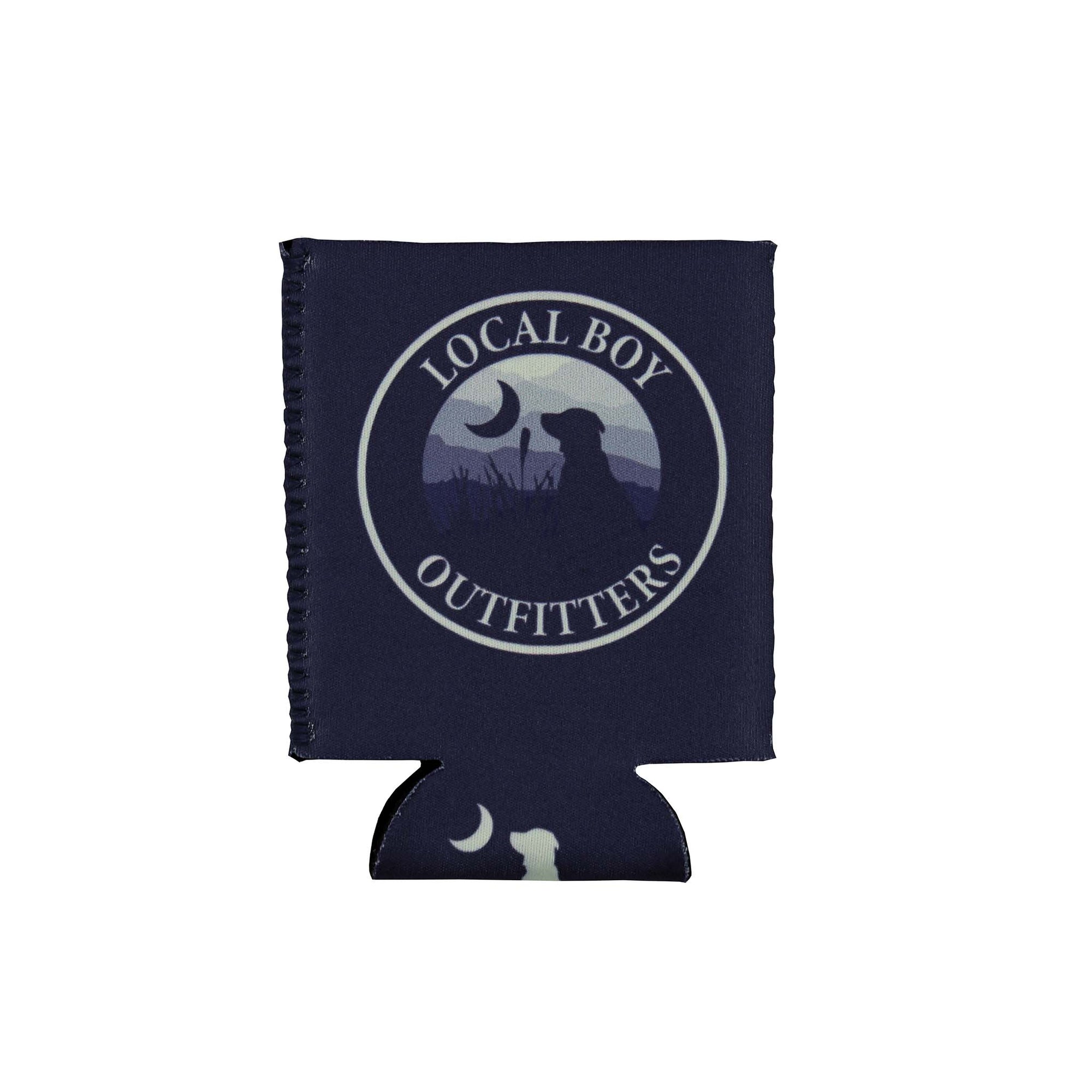 Navy can cooler with Local Boy Outfitters logo featuring a dog silhouette, crescent moon, and mountain scene in shades of blue and gray
