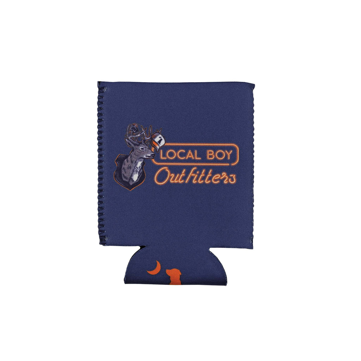 navy regular can koozie with a mounted deer head next to a local boy logo in neon sign font
