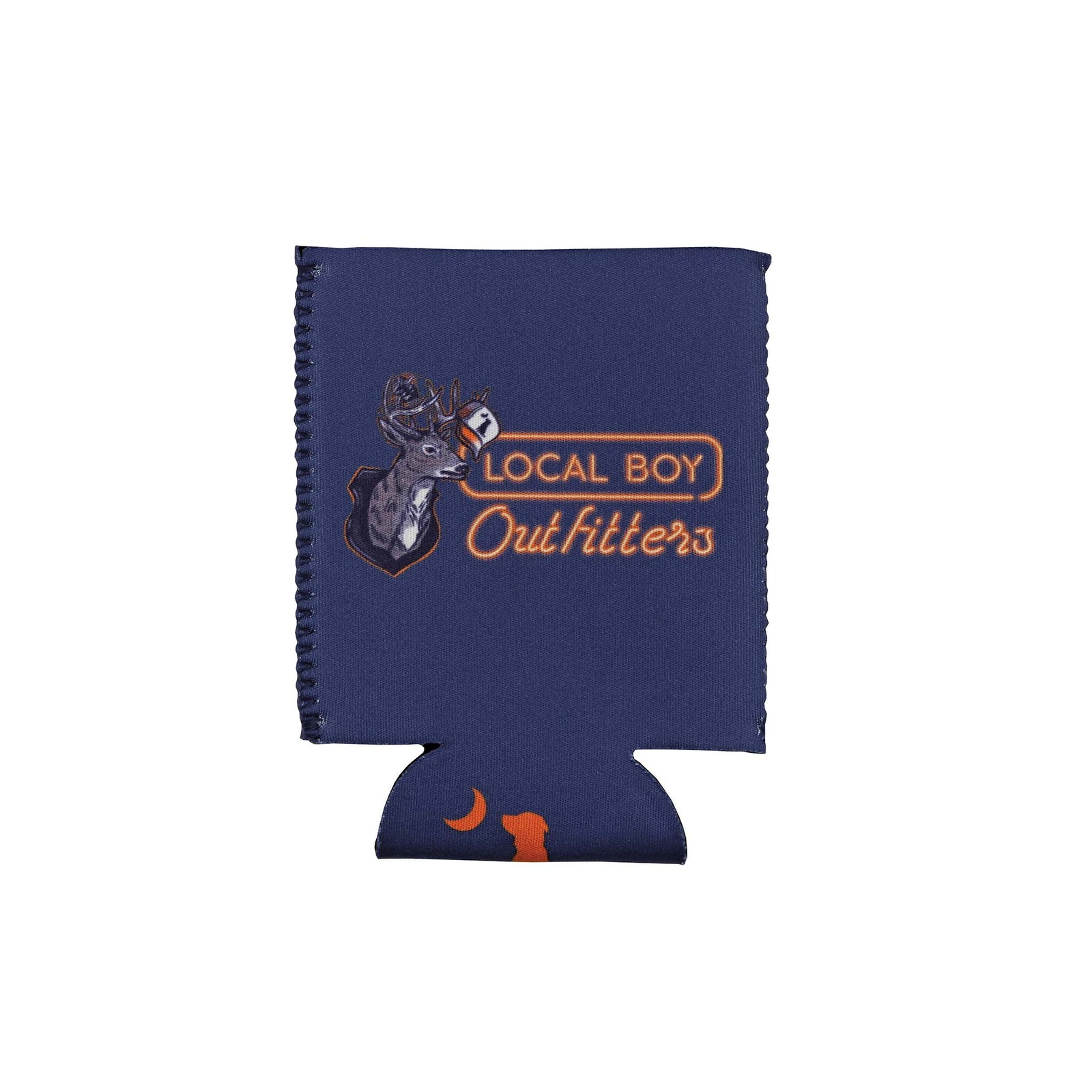 navy regular can koozie with a mounted deer head next to a local boy logo in neon sign font