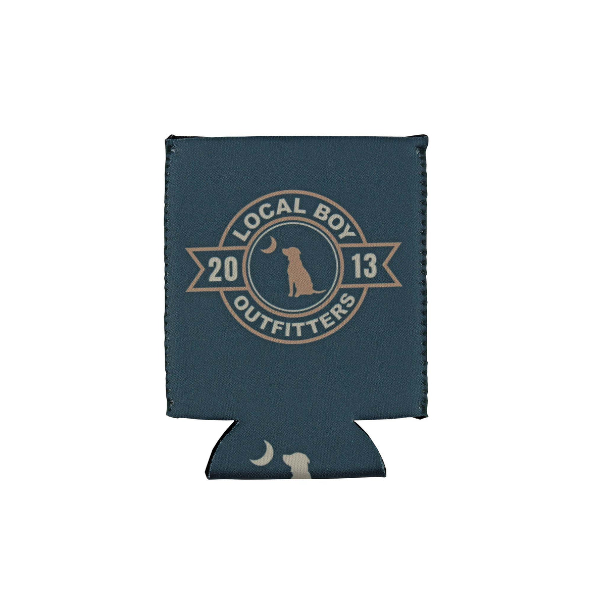 Teal can cooler with Local Boy Outfitters 2013 logo featuring a dog silhouette and crescent moon in tan print.