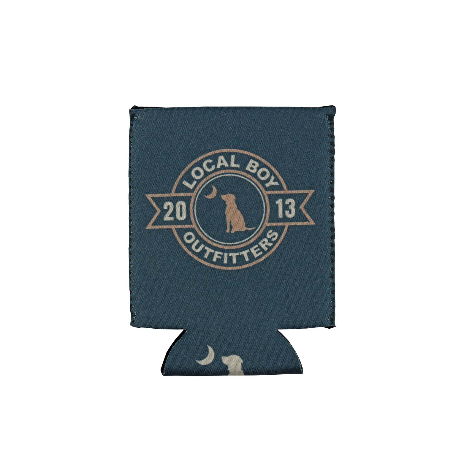 Teal can cooler with Local Boy Outfitters 2013 logo featuring a dog silhouette and crescent moon in tan print.