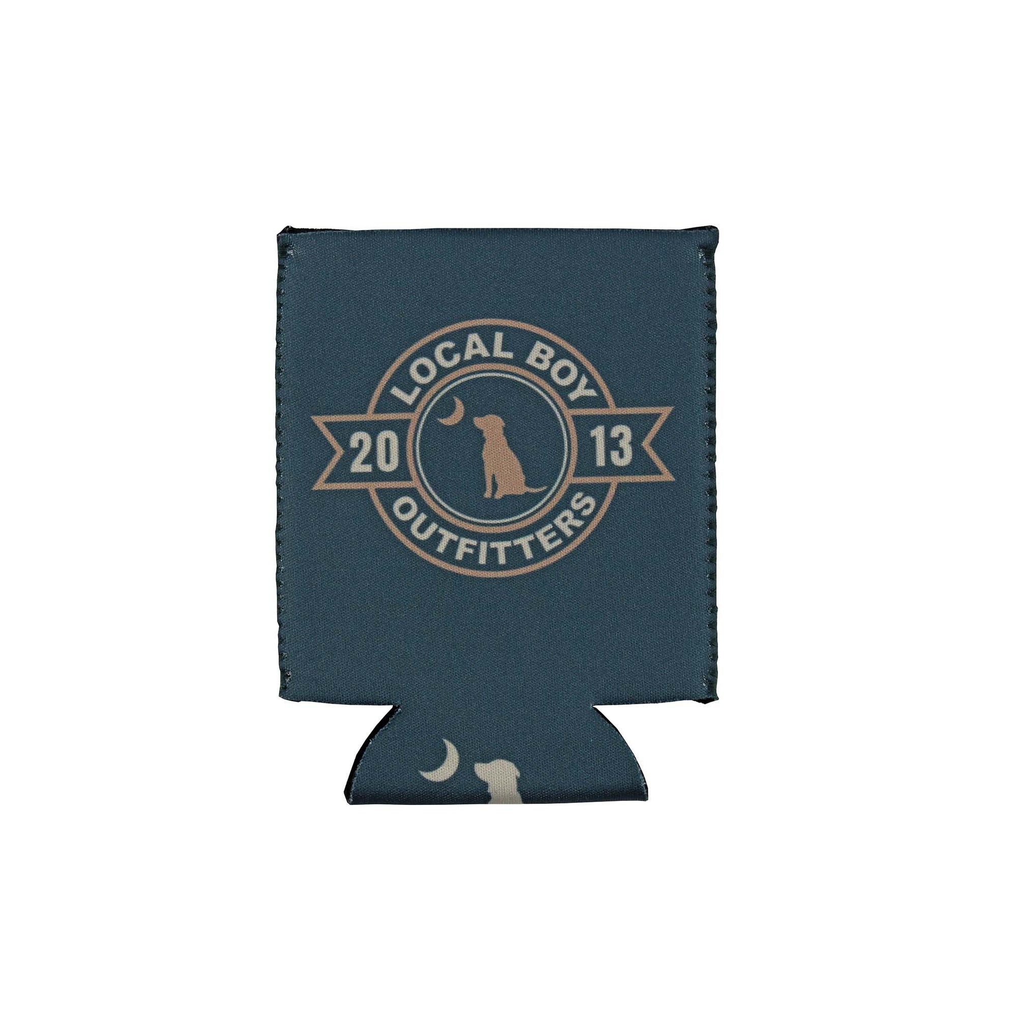 Teal can cooler with Local Boy Outfitters 2013 logo featuring a dog silhouette and crescent moon in tan print.