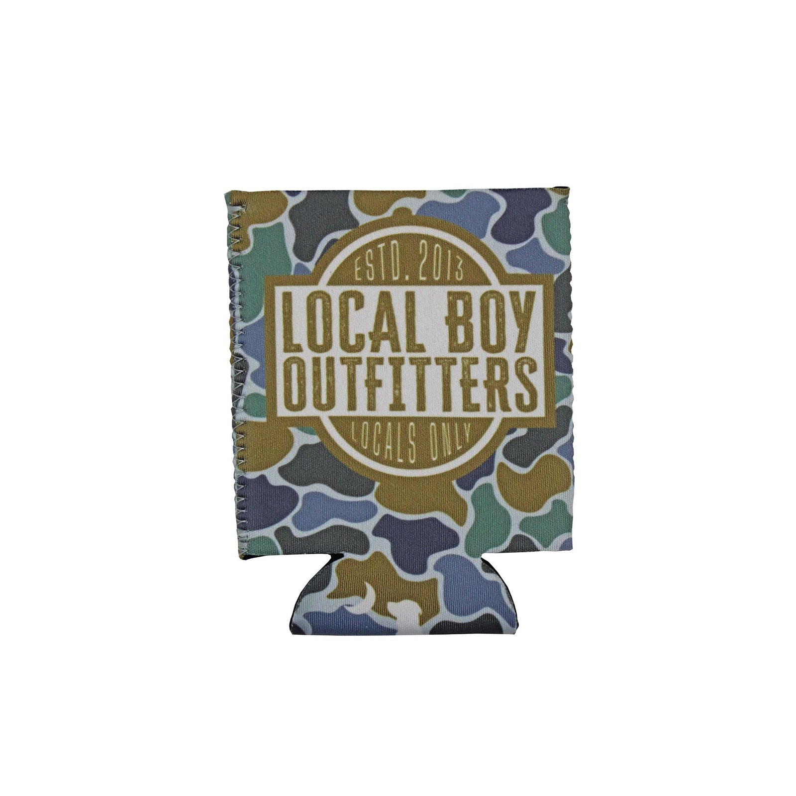 Camo can cooler with Local Boy Outfitters logo in tan text reading “Est. 2013 Locals Only.”