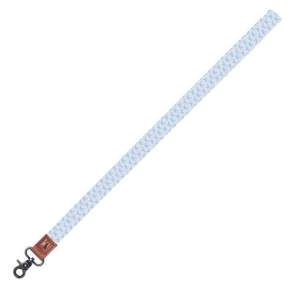 Local Boy Outfitters full size lanyard with all over mallard silhouette in light blue shown on a white background