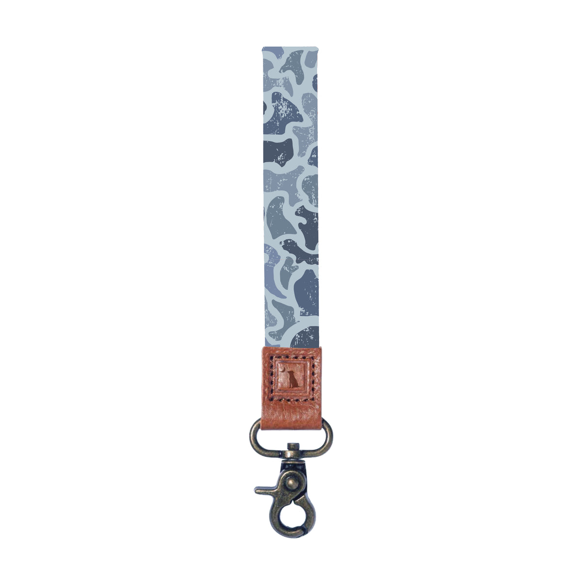 Distressed Localflage Cobalt Camo Wrist Lanyard by lLocal Boy Outfitters shown on a white background.