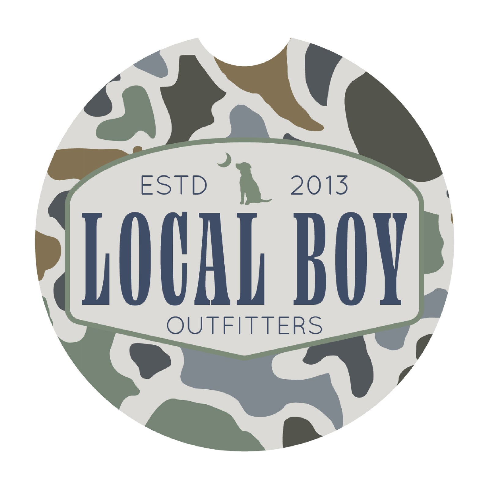 Car coaster with camouflage pattern and 'Local Boy Outfitters' text on a white background