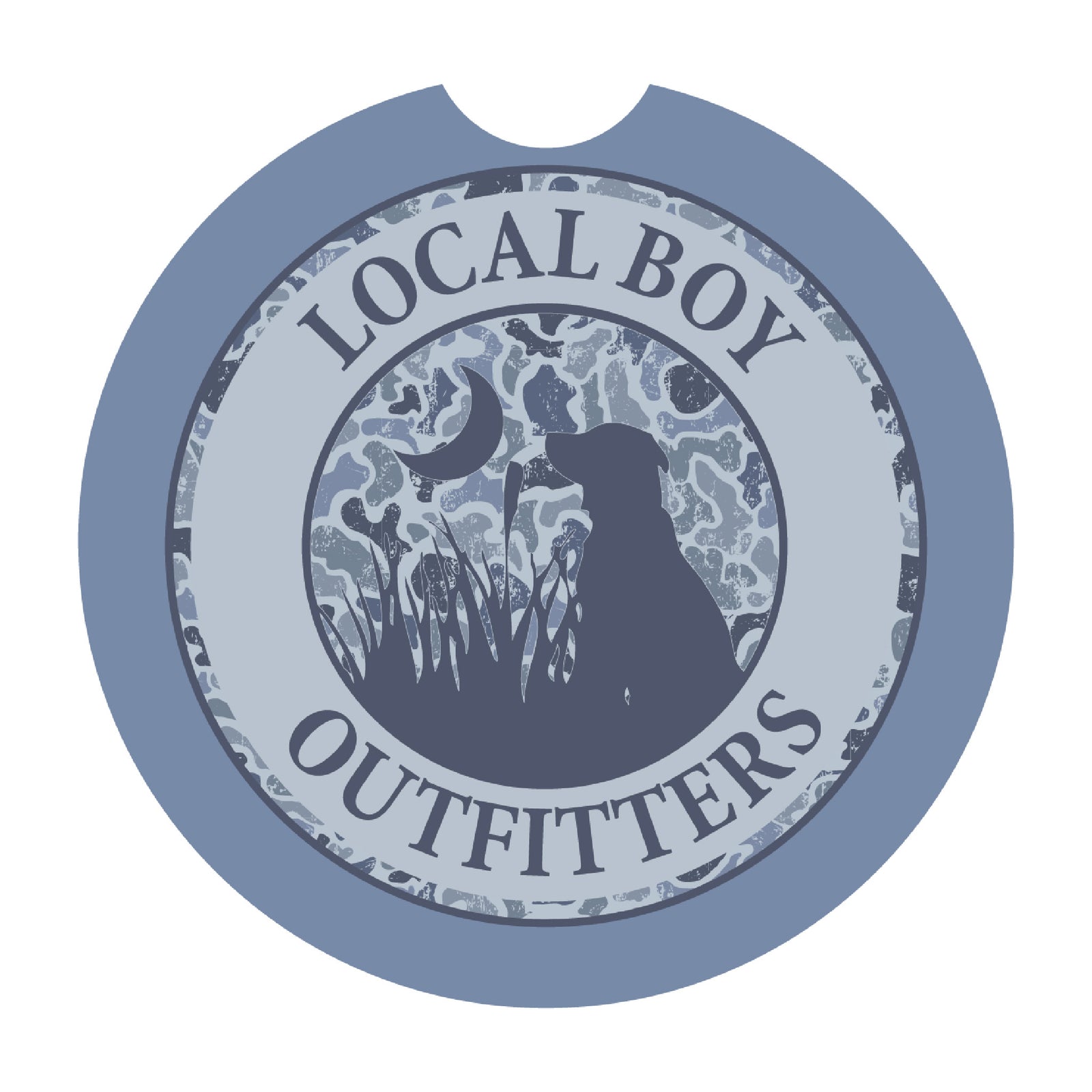 Car coaster with 'Local Boy Outfitters' text with a lab and moon silhouette shown on a white background