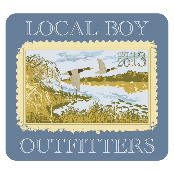 Local Boy Outfitters decal sticker showing a marsh scene with mallards in flight.  Shown on a white background.