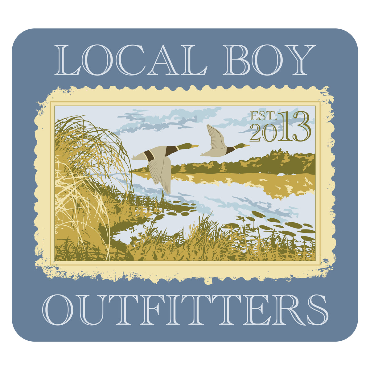 Local Boy Outfitters decal sticker showing a marsh scene with mallards in flight.  Shown on a white background.