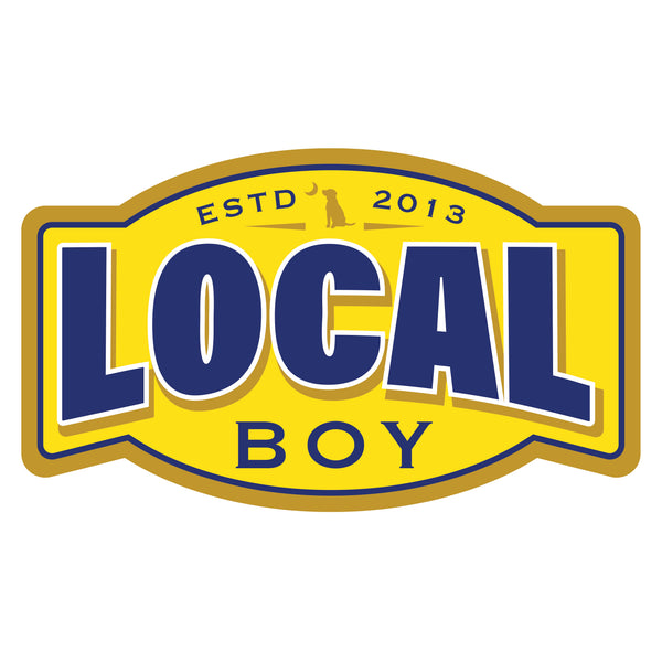 Bright yellow decal sticker featuring local boy outfitters logo in bright blue shown on a white background