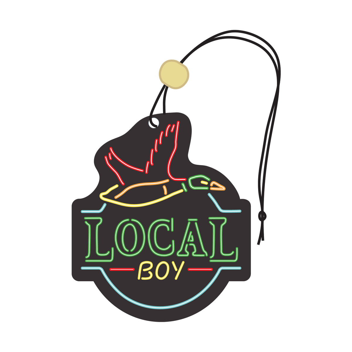 Neon-style air freshener with 'Local Boy' text and duck graphic on a white background