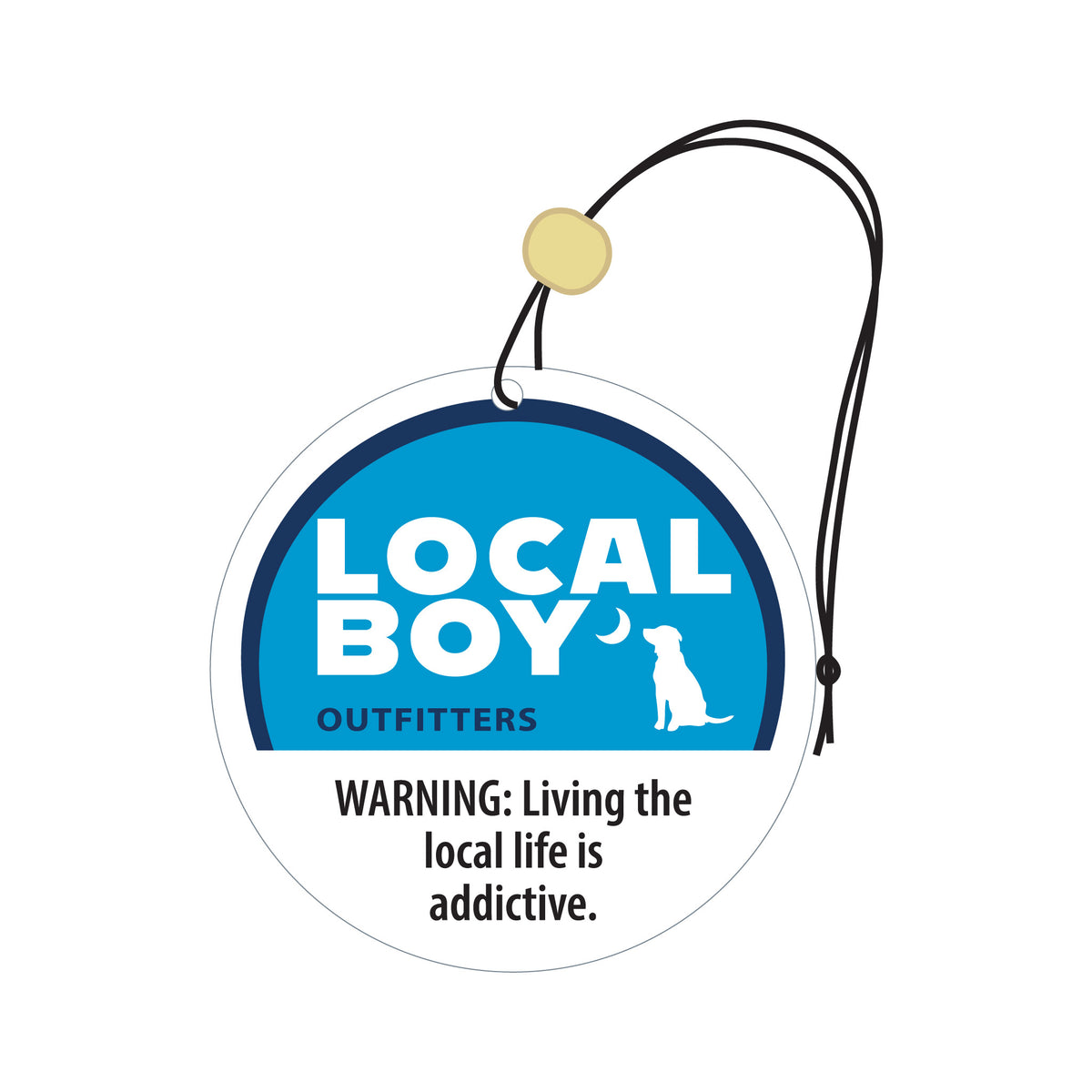 Round blue and white air freshener with 'Local Boy Outfitters' text and a dog graphic, on a white background.