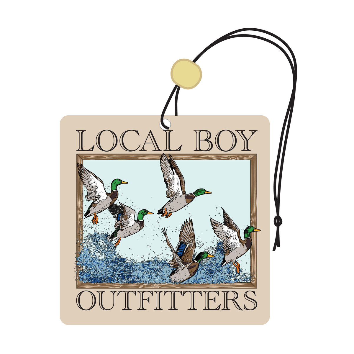Square local boy outfitters air freshener with mallard ducks in-flight out of water. Shown on a white background.