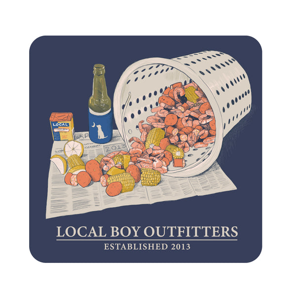 Decal sticker with a design of a basket of crawfish, corn, and a bottle of beer on a newspaper, branded 'Local Boy Outfitters'.