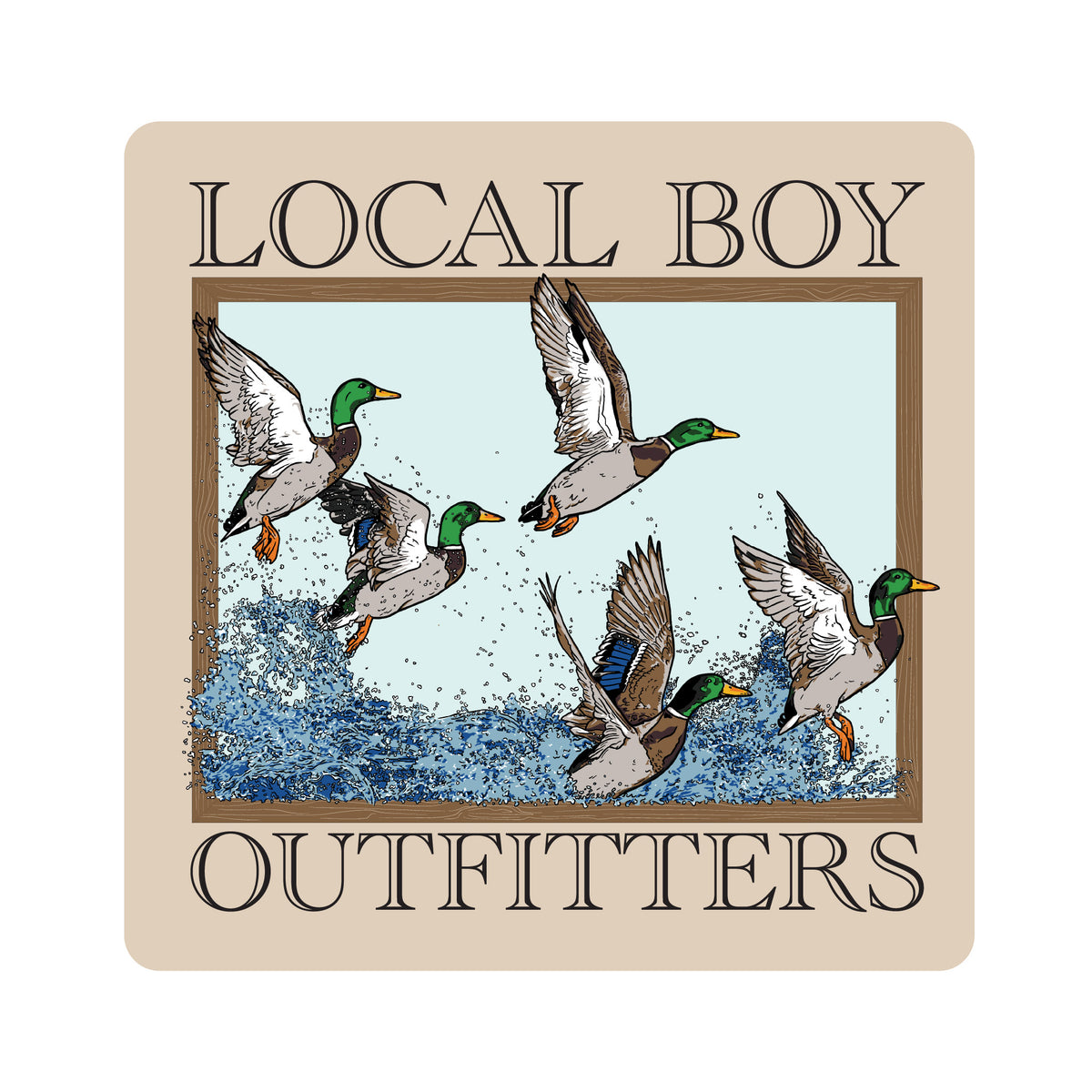 Local Boy Outfitters decal sticker showing graphic of mallard ducks flying out of water and shown on a white background.