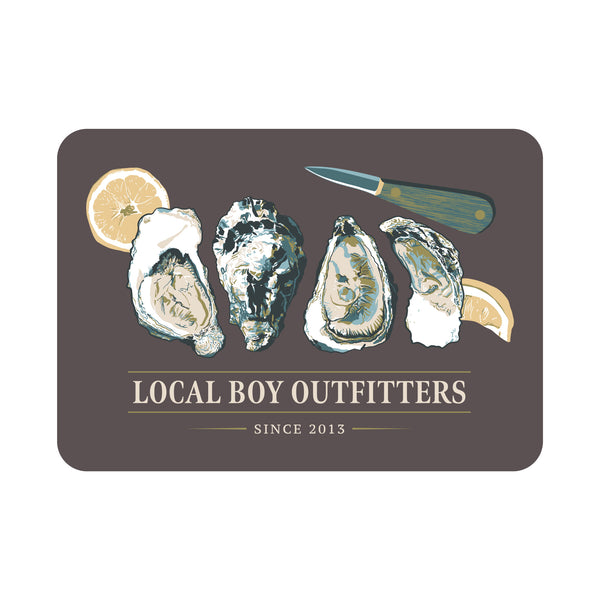 Decal sticker with oysters, lemon, and knife illustration on a dark background with 'Local Boy Outfitters' branding.