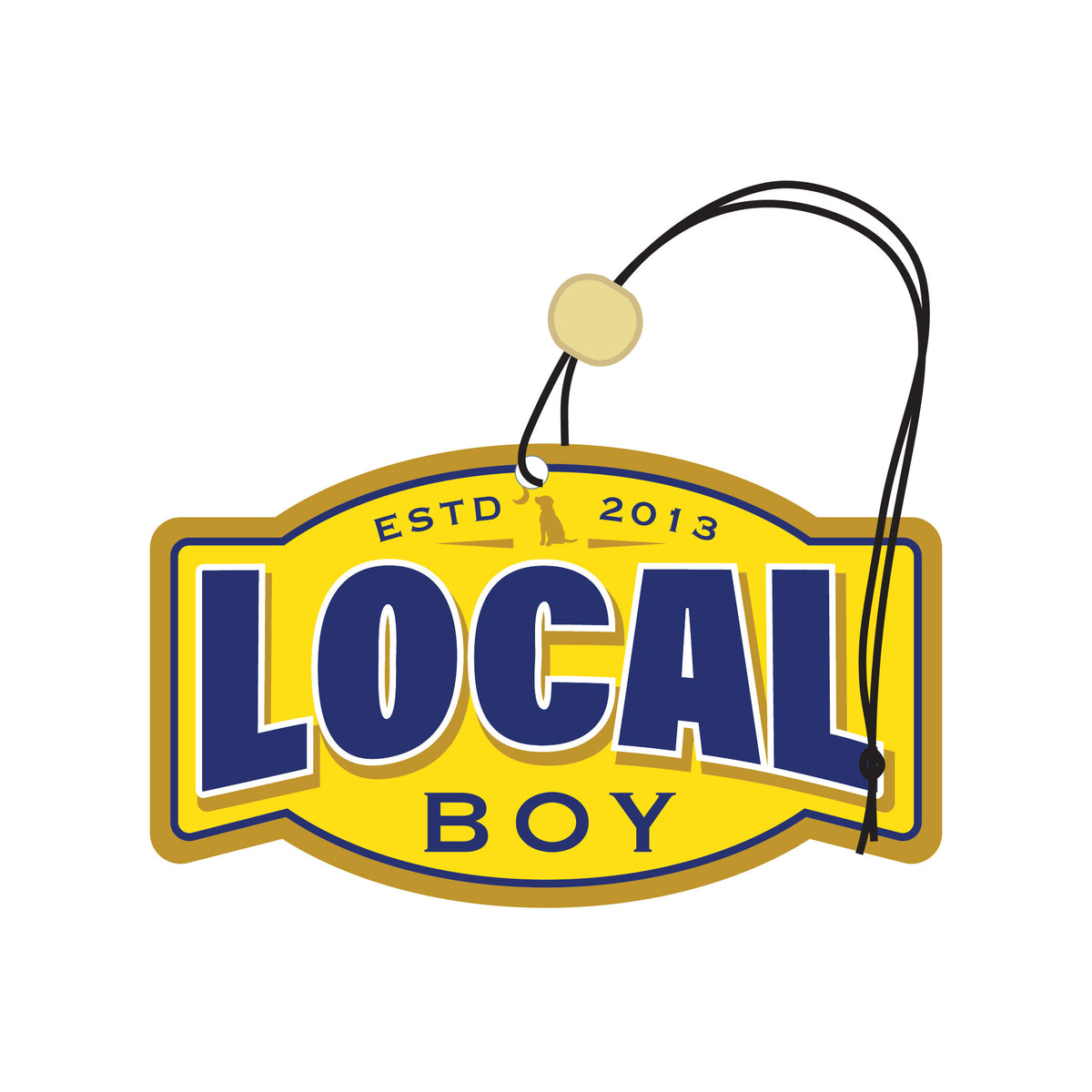Yellow and blue 'LOCAL BOY' air freshener with a black string on a white background