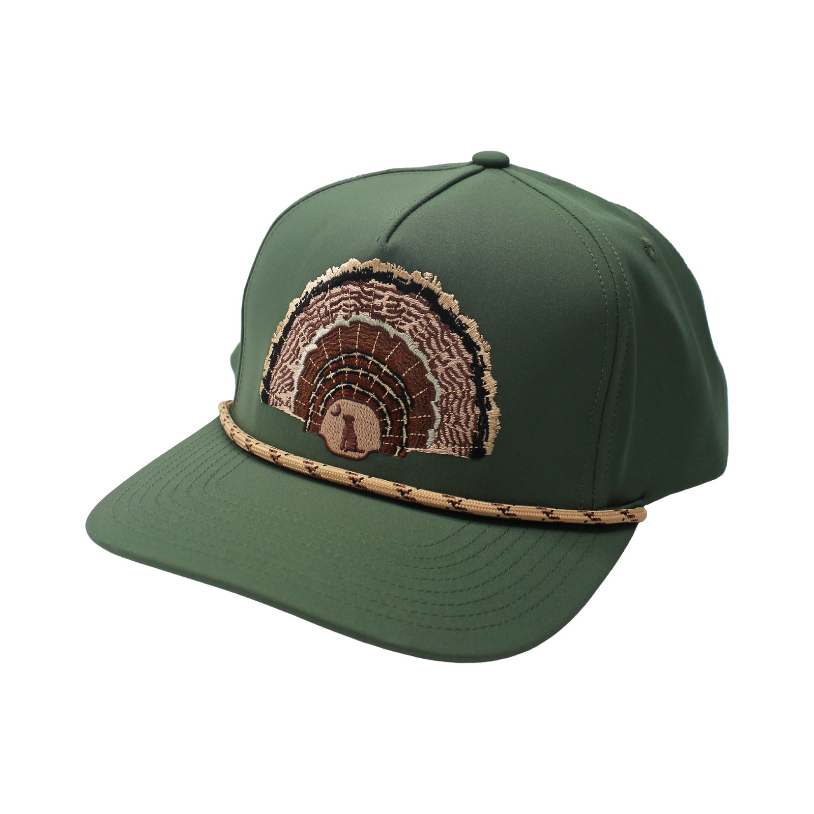 Green cap with a decorative turkey patch on a white background