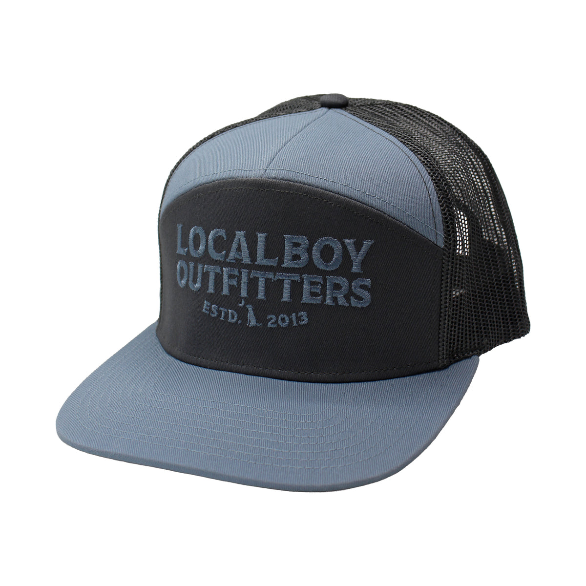Local Boy Outfitters navy and black trucker hat shown on a white background