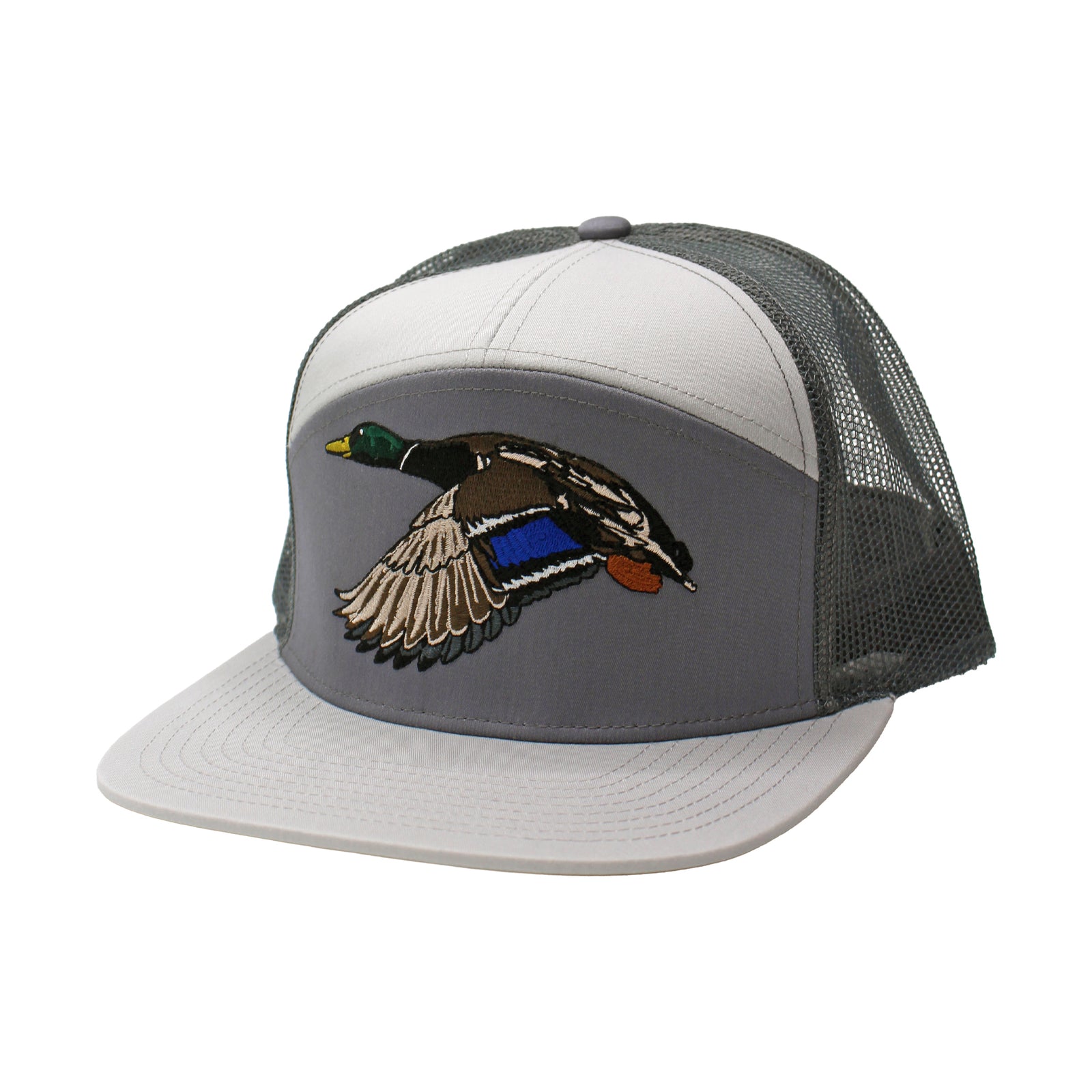 Gray hat with an embroidered mallard patch shown on a white background