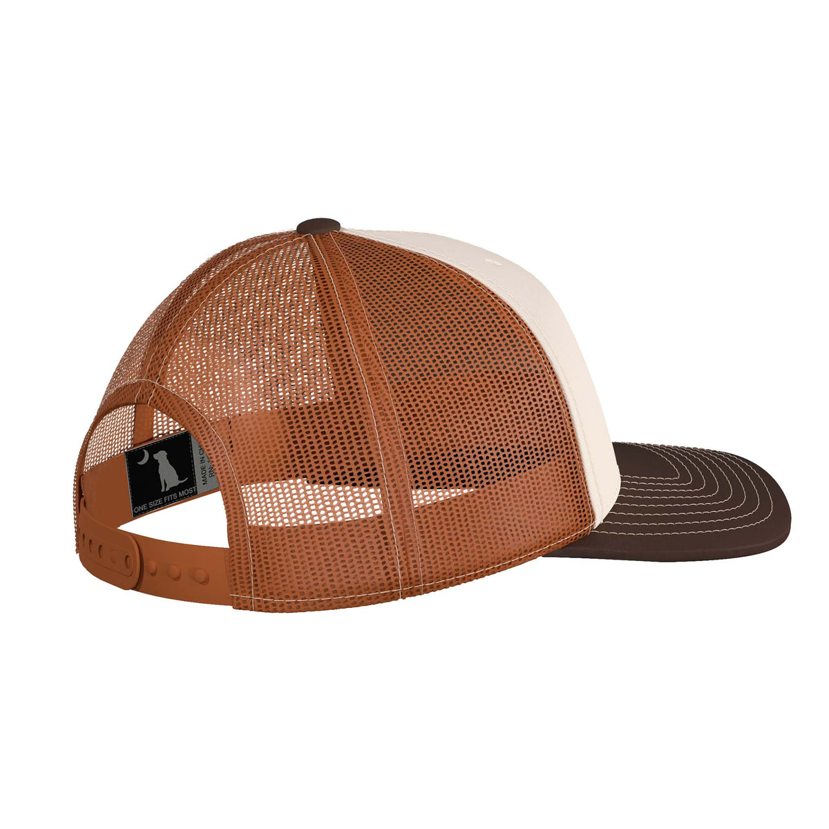 Brown and beige mesh cap with a black brim on a white background