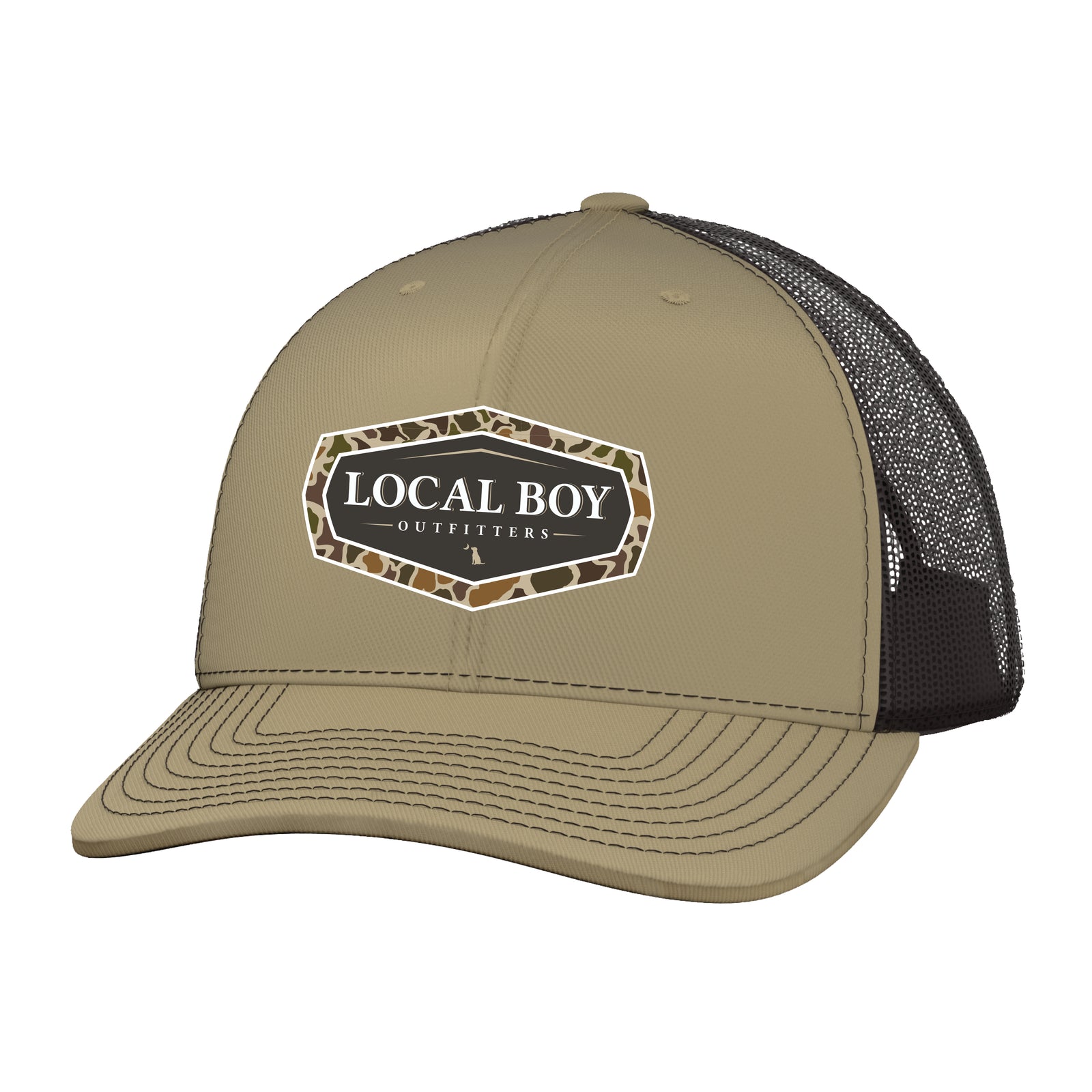 Local Boy Outfitters Vintage Emblem trucker hat with khaki bill and crown with brown mesh.  Shown on a white background.