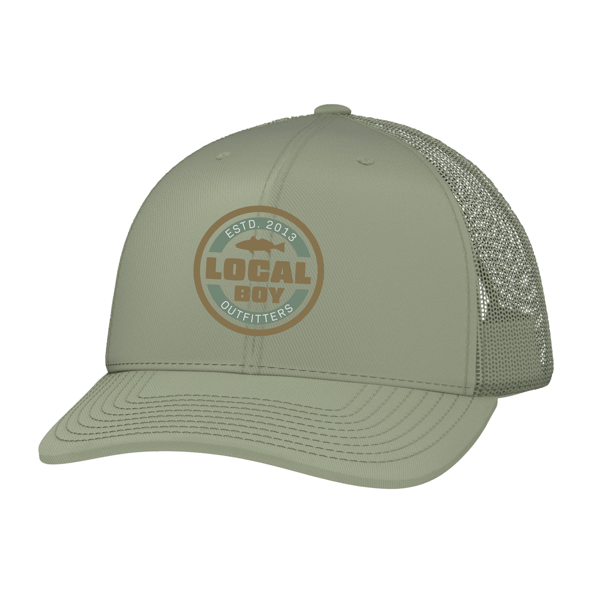 Olive green hat with round local boy outfitters logo on crown.  Shown on a white background.