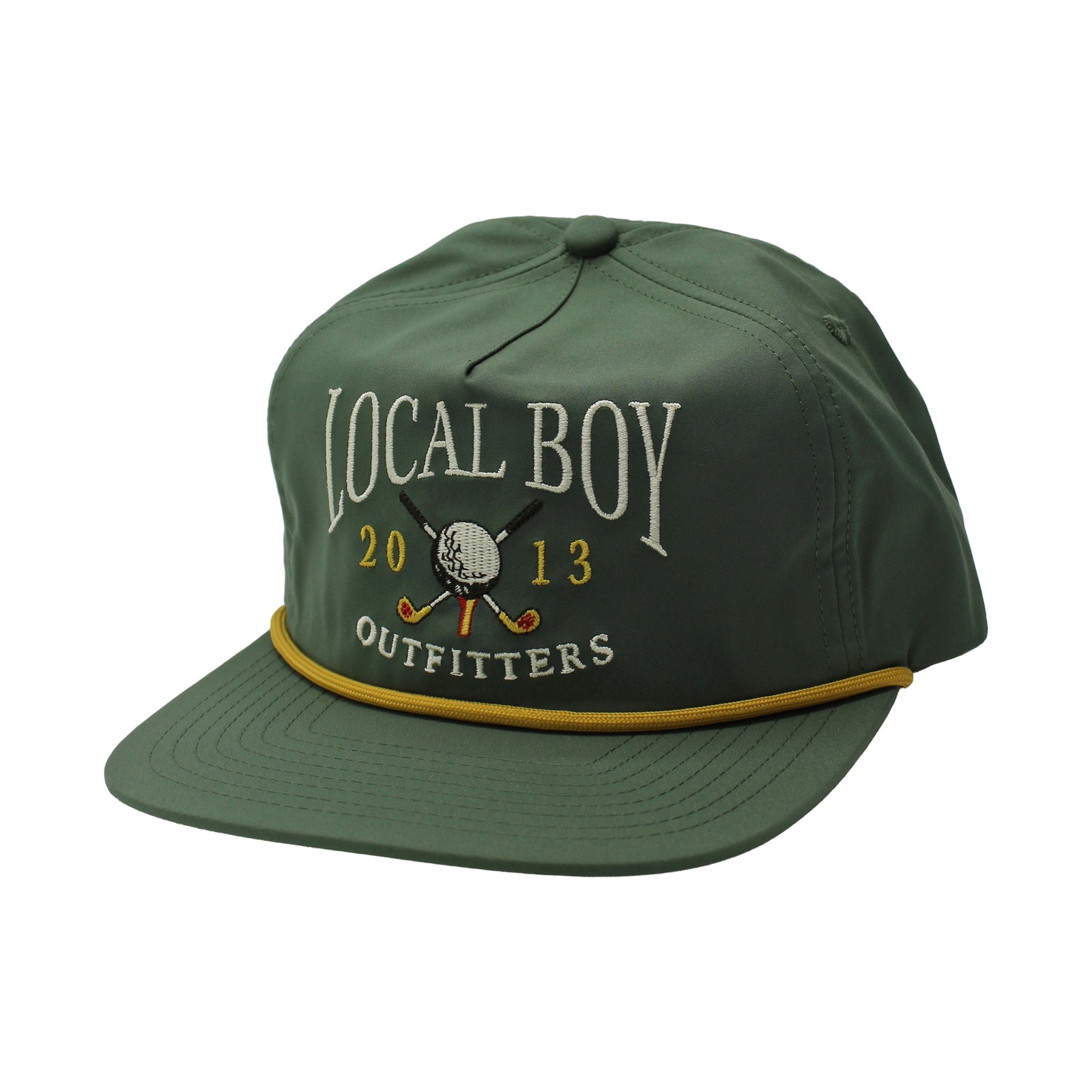 Olive Green cap with 'Local Boy Outfitters' text and golf icons on a white background