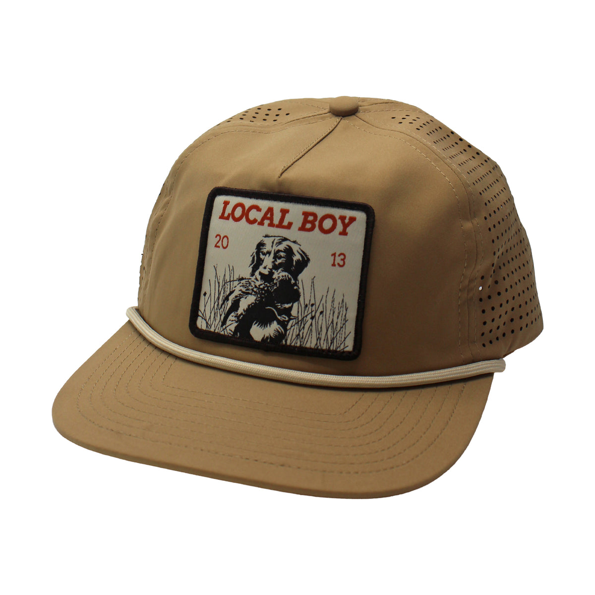 Dark Khaki perforated cap with a patch featuring Local Boy text and a dog illustration shown on a white background