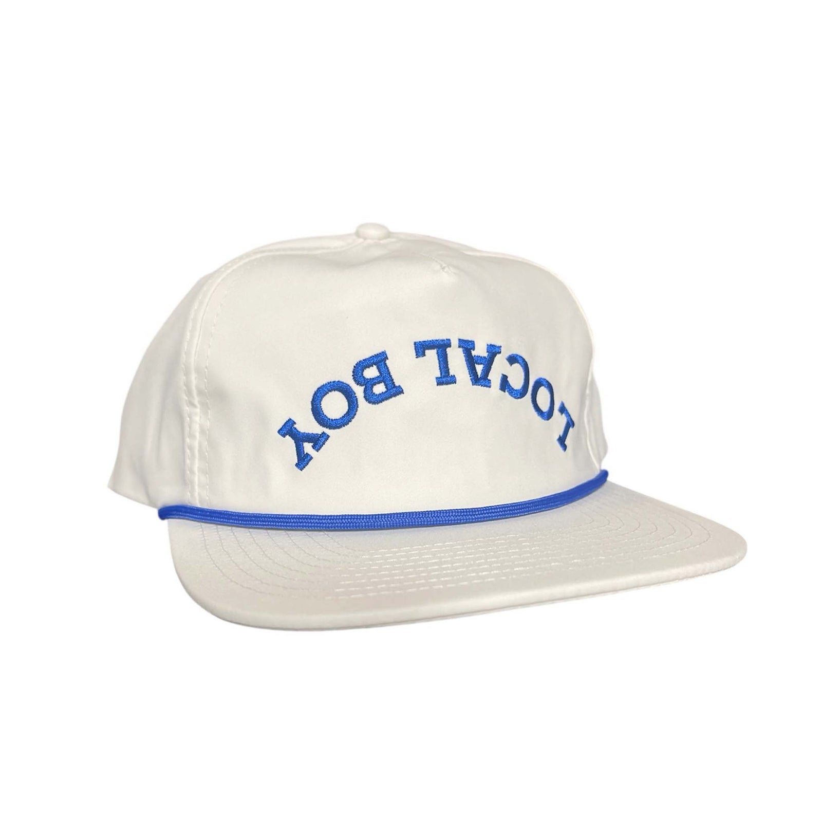 Stone-colored hat with blue arched Local Boy embroidery and blue rope trim across the front brim.