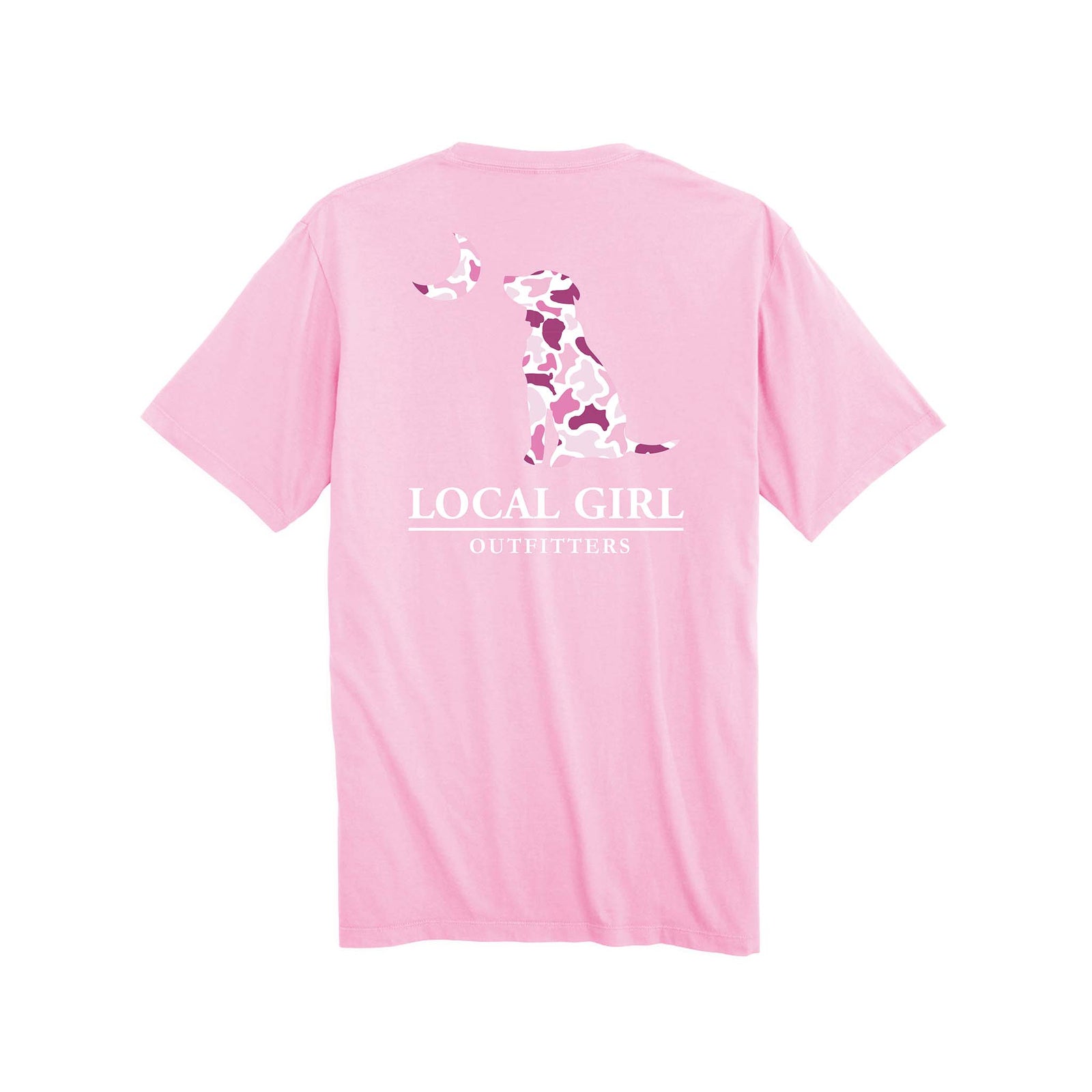 Pink short sleeve youth tshirt with local girl outfitters logo and pink and white camo filled dog and moon on the back.
