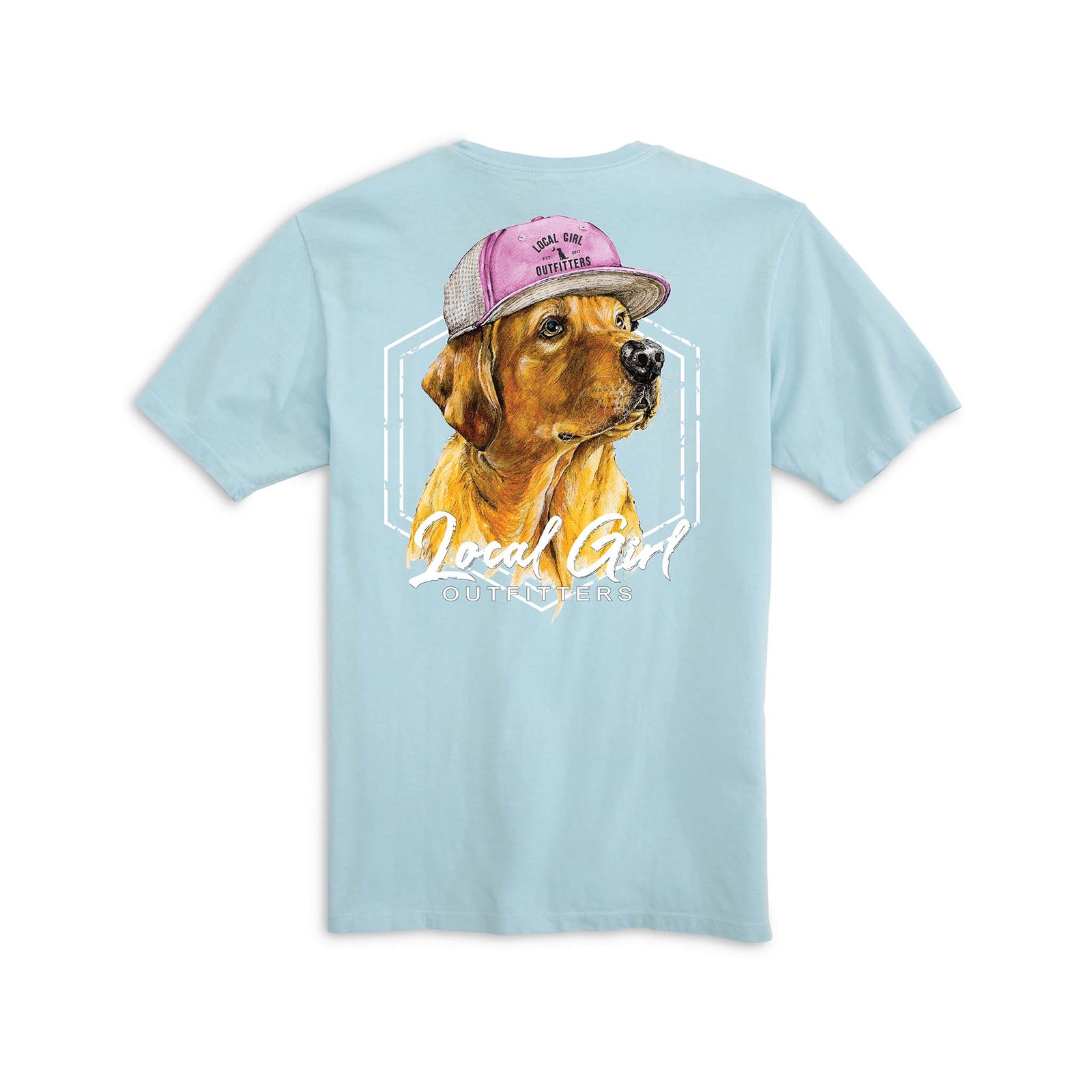Chambray blue youth short sleeve shirt with a yellow lab graphic wearing a pink local girl outfitters hat on the back of the shirt.