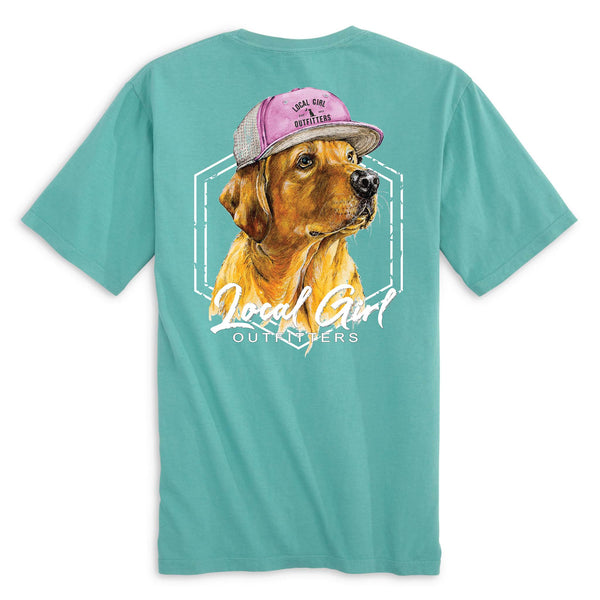 Local Girl Outfitters Youth short sleeve t-shirt, color chalky mint, youth sizes S-XL, 100% cotton. Back graphic features a yellow labrador in a pink trucker hat with “Local Girl Outfitters” text below.