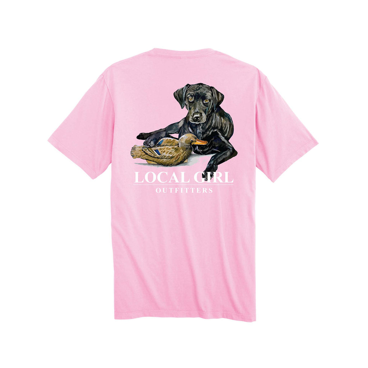 Blossom Pink youth short sleeve tshirt featuring a back design of a black la puppy next to a duck decoy and local girl outfitters logo.