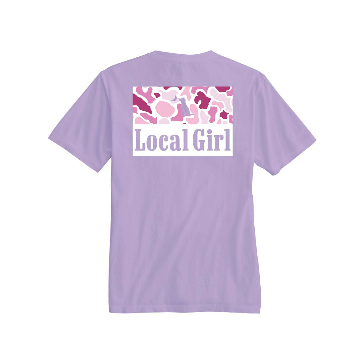 Back view of a lavender t-shirt with a pink camo rectangle and “Local Girl” printed in large lavender text across the bottom of the graphic.