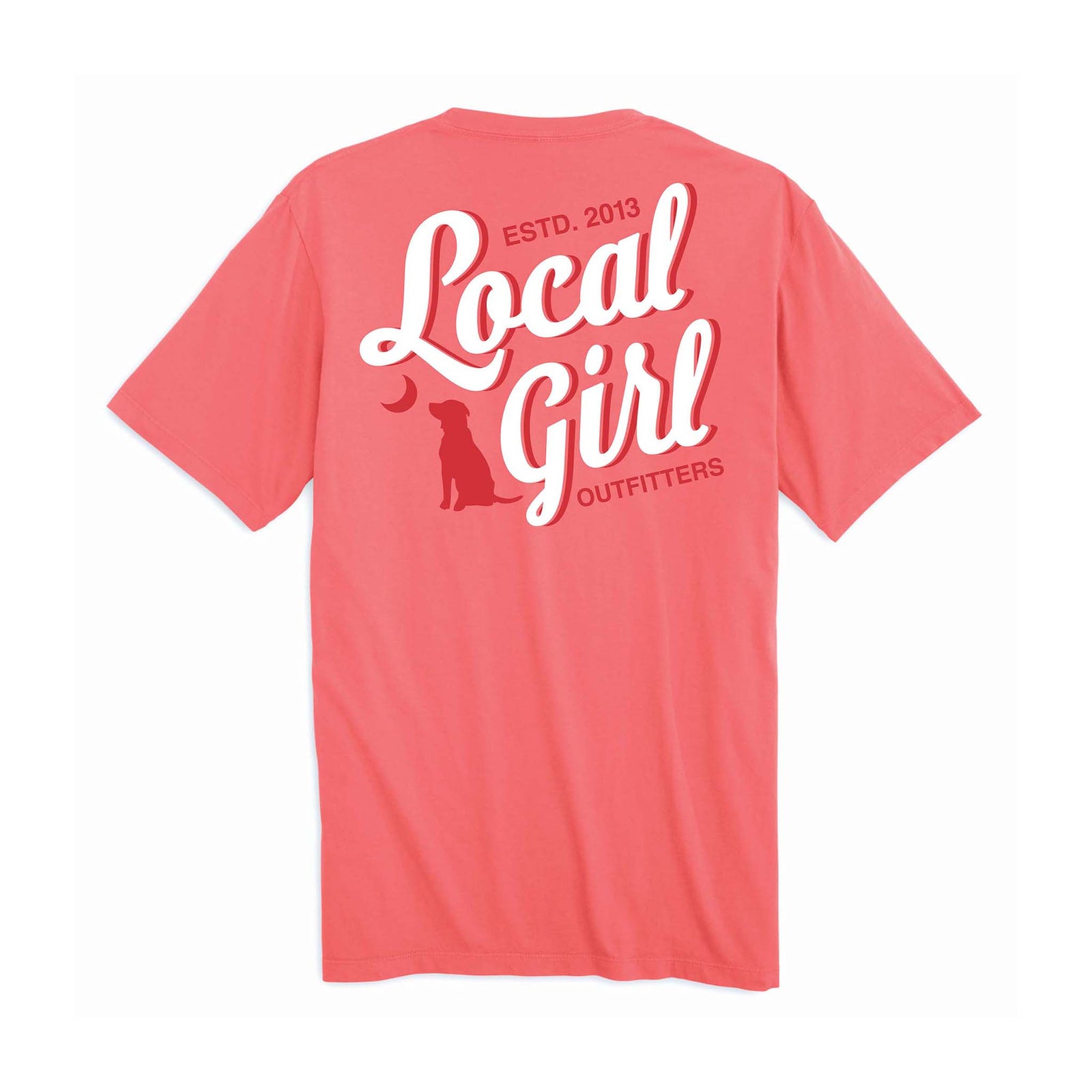 Local Girl Outfitters youth short sleeve shirt in coral. Back features bold white and red text with a red dog silhouette sitting under a crescent moon, ESTD. 2013 above.