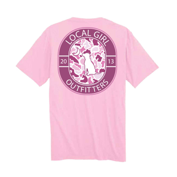 youth local girl pink t-shirt with camo filled crest design on the back
