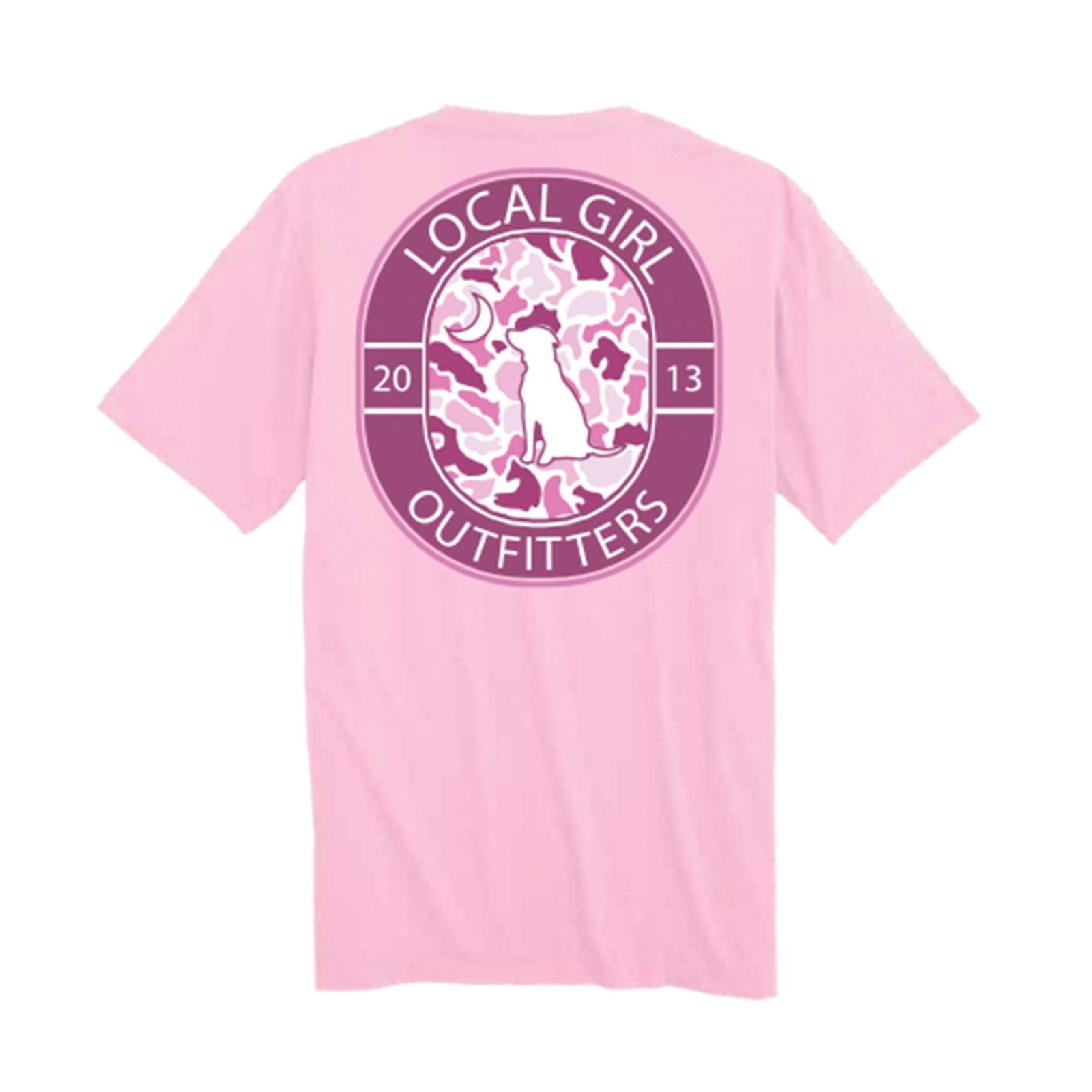 youth local girl pink t-shirt with camo filled crest design on the back
