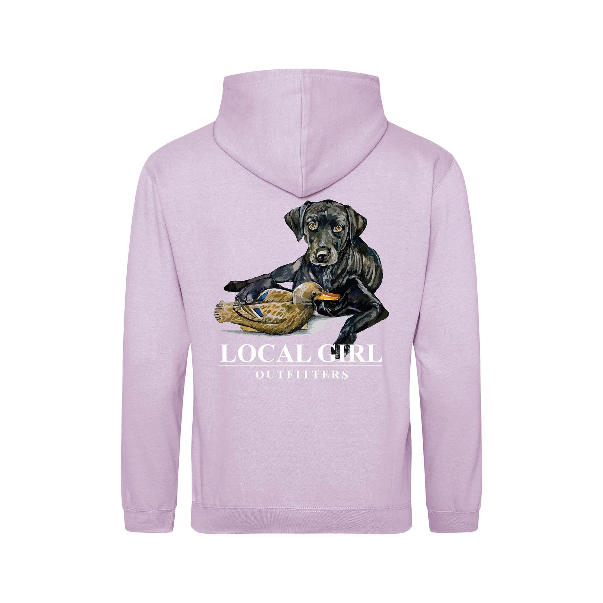 Local Girl Outfitters lilac hoodie with a large back graphic of a black Labrador retriever lying beside a duck decoy, brand name printed below.