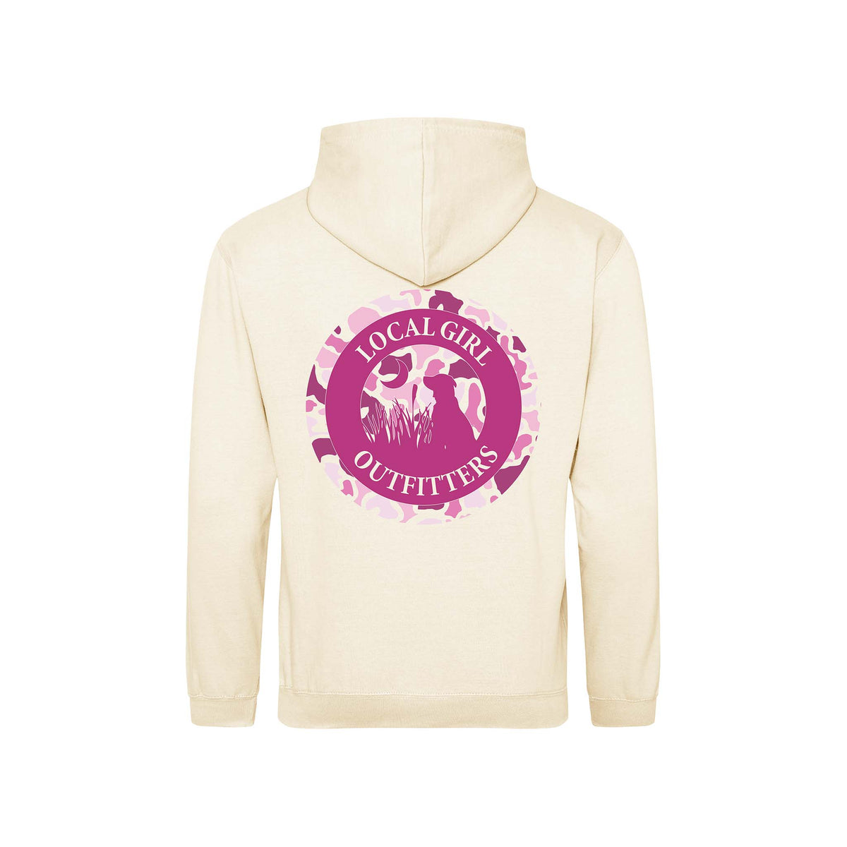 Youth cream-colored hoodie featuring a pink camo circle graphic with a dog silhouette, moon, and reeds, and the text “Local Girl Outfitters” on the back.