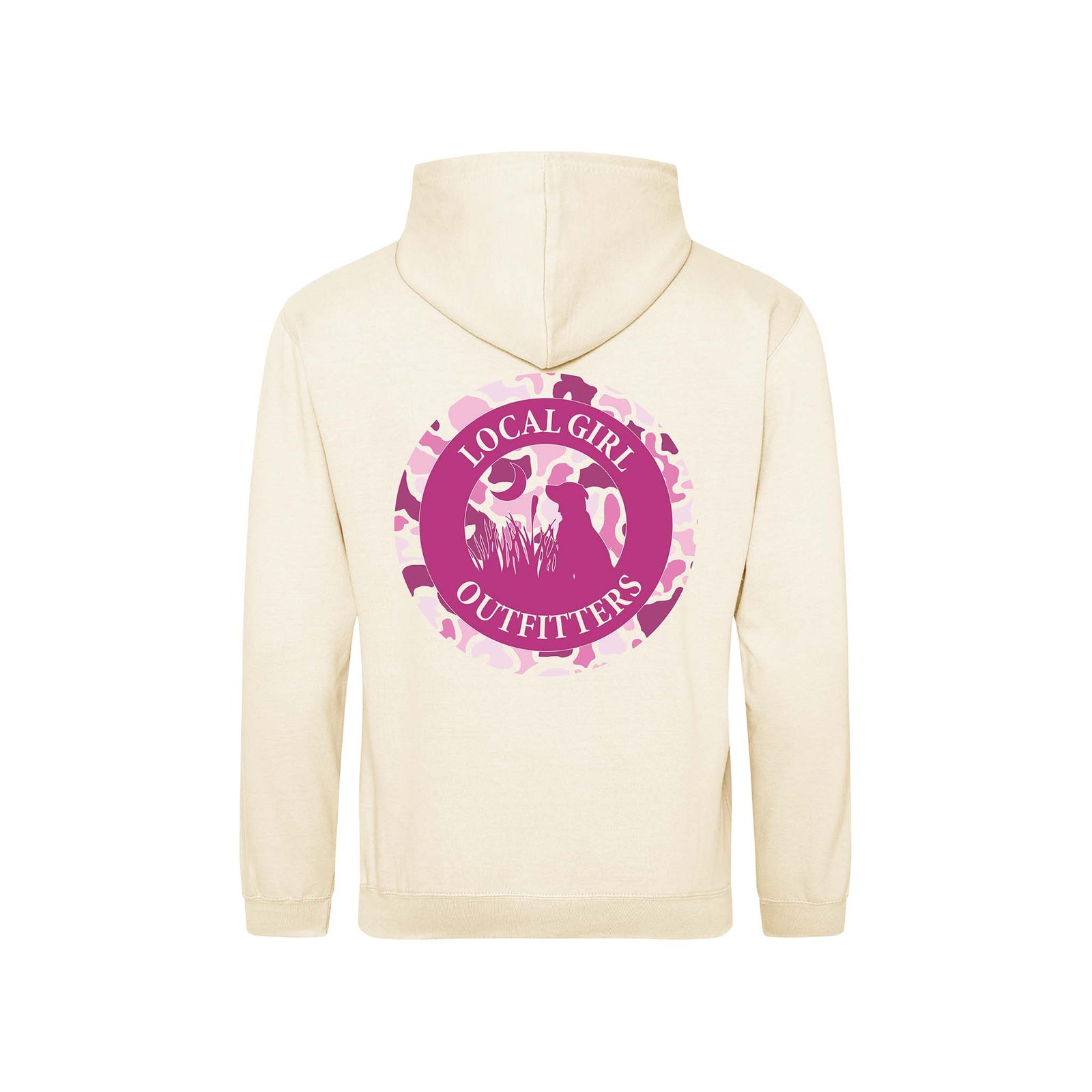 Youth cream-colored hoodie featuring a pink camo circle graphic with a dog silhouette, moon, and reeds, and the text “Local Girl Outfitters” on the back.