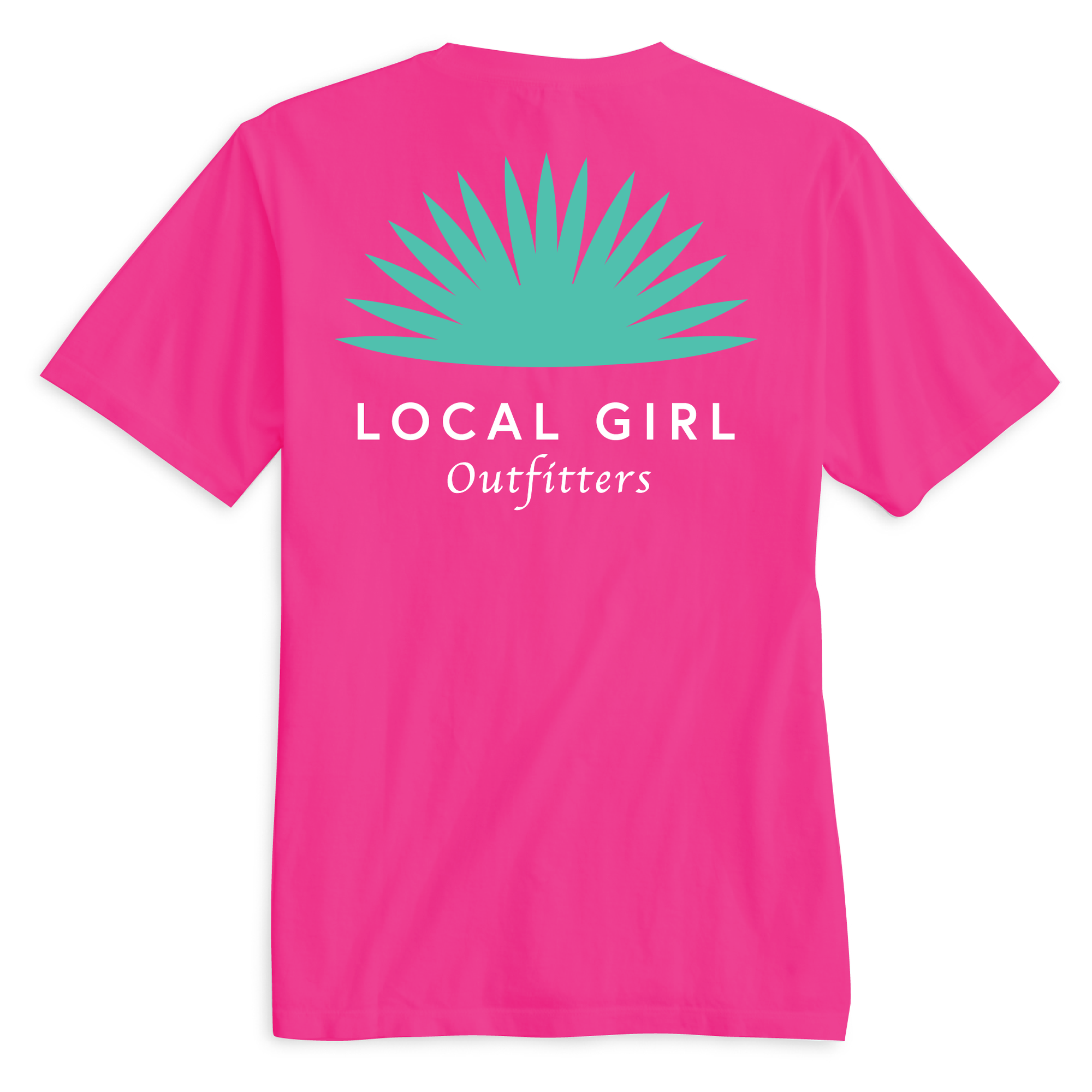 Pink t-shirt with 'LOCAL GIRL Outfitters' logo on the back against a white background