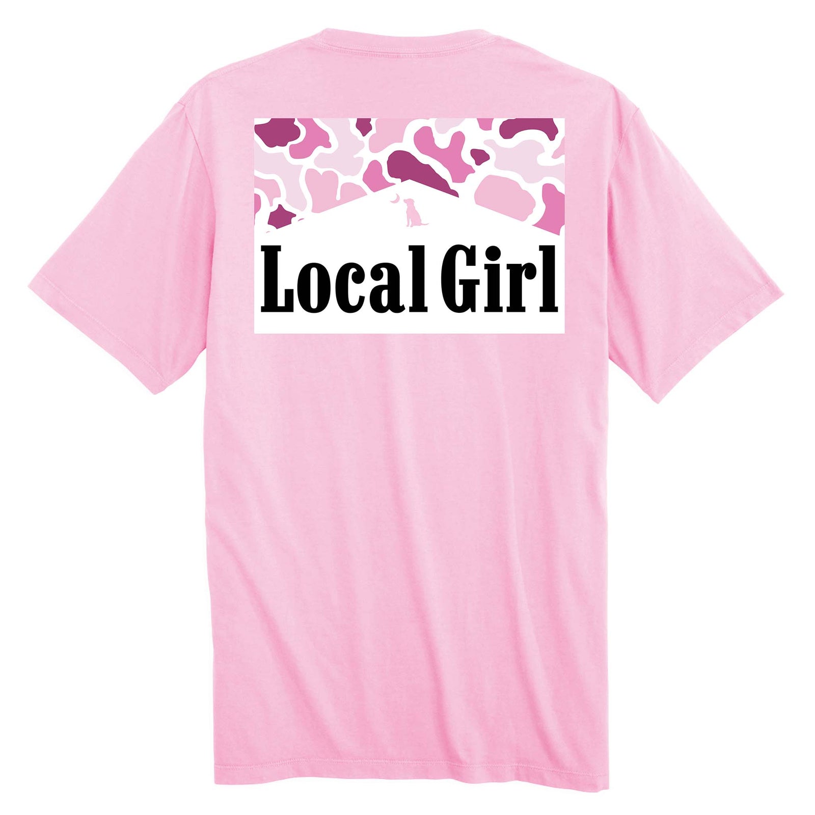 Local Girl Outfitters short sleeve t-shirt, color blossom pink, sizes S-XXL, 100% cotton. Back has a roofline silhouette with pink camo pattern and black “Local Girl” text.