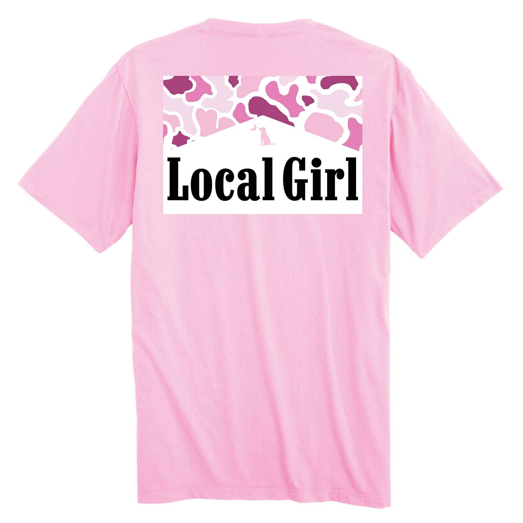 Local Girl Outfitters short sleeve t-shirt, color blossom pink, sizes S-XXL, 100% cotton. Back has a roofline silhouette with pink camo pattern and black “Local Girl” text.