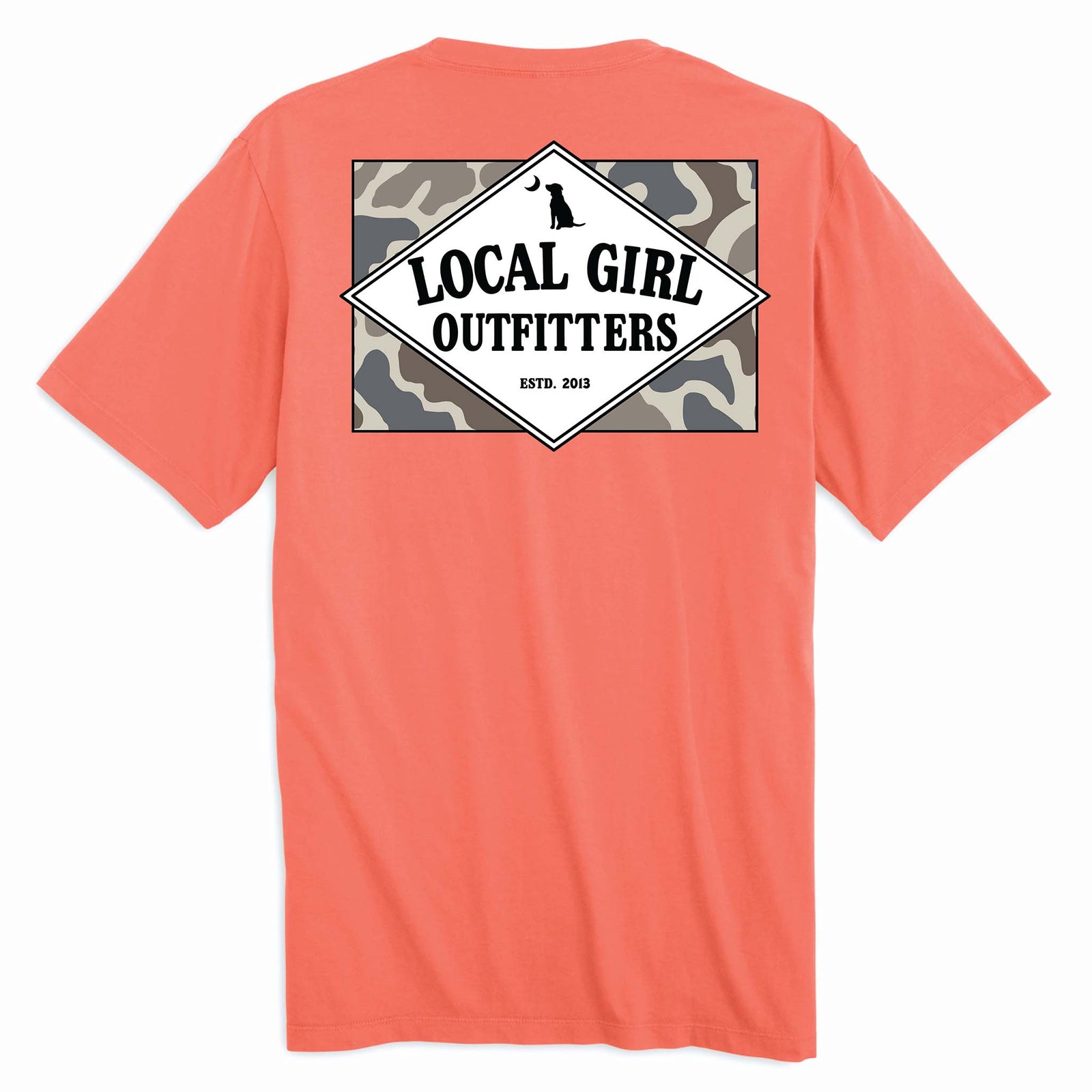 Local Girl Outfitters short sleeve t-shirt, bright salmon, sizes S-XXL, 100% cotton. Back has a diamond logo over tan camo background with dog icon and “Est. 2013” below.