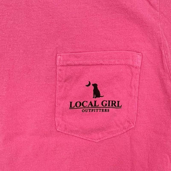 Local Girl Outfitters short sleeve t-shirt, color crunchberry pink, sizes S-XXL, 100% cotton. Front features a black local girl outfitters logo on the left chest pocket.