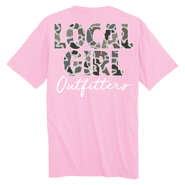 Pink t-shirt with 'LOCAL GIRL Outfitters' camo filled text on the back shown on a white background.