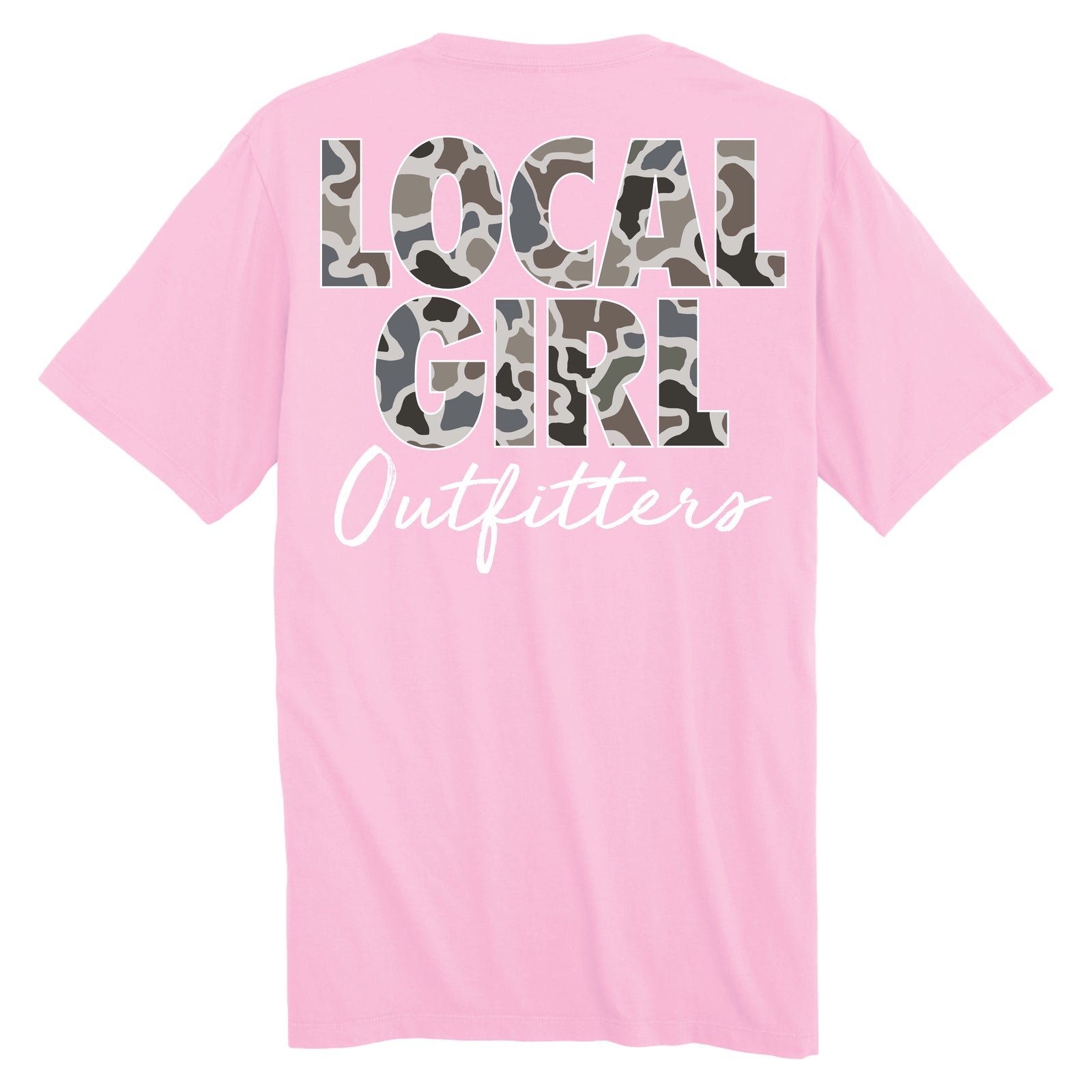 Pink t-shirt with 'LOCAL GIRL Outfitters' camo filled text on the back shown on a white background.
