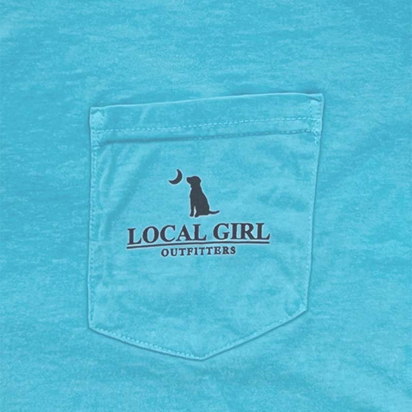 Local Girl Outfitters short sleeve t-shirt, color blue lagoon, sizes S-XXL, 100% cotton. Front features a black logo on the left chest pocket.