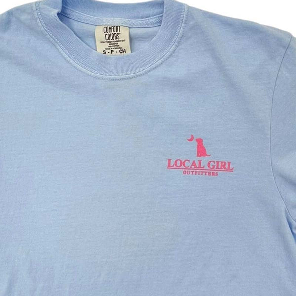  Local Girl Outfitters short sleeve t-shirt, sizes S-XXL, 100% cotton. Front features pink Local Girl Outfitters logo on the left chest.